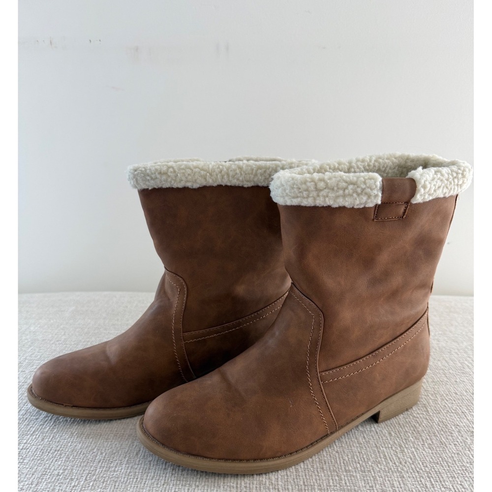 Jands Women's Brown Faux Leather Mid-Calf Winter Boots Fleece Sherpa Trim Size 9